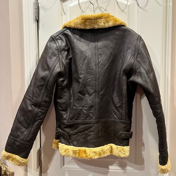 Sourock Brown Leather Jacket with Plush Shearling Collar Sz Large - Picture 6 of 10